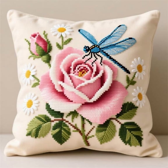 Latch Hook Pillow Kit, 17X17 Inch Flower Dragonfly Pattern, Bold Diy Craft Statement Piece For Sofa