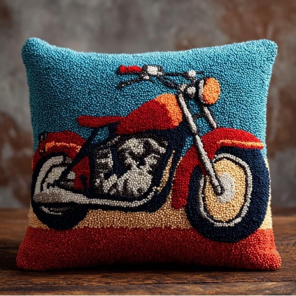 Latch Hook Pillow Kit 17x17 Inch Motorcycle Design For Adults, DIY Needlework Pillow Cover Cushion Rug Making Set, Latch Hook Craft Kit For Sofa Cushion And Home Decor