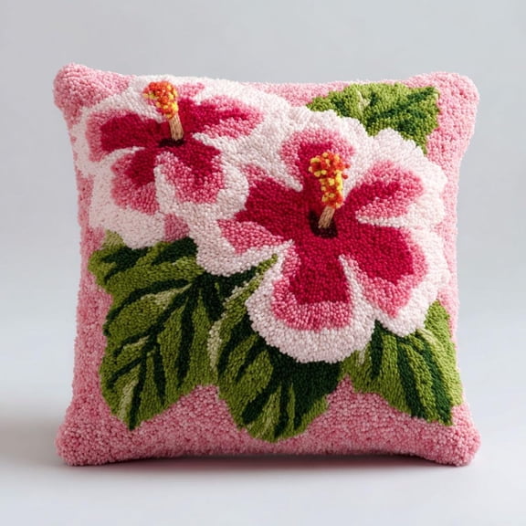 Latch Hook Pillow Kit 17x17 Inch Pink Floral DIY Cushion Cover Kit For Beginners, Printed Canvas Latch Hook Embroidery Craft Set, Easy Needlework Yarn Art For Sofa, Bedroom, Home Decor Gift