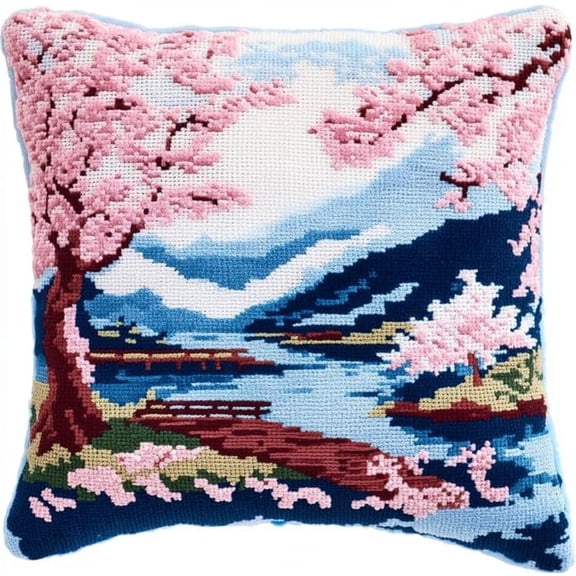 Latch Hook Pillow Kit - 17x17in Spring Landscape Cherry Blossom Tree Pattern, DIY Embroidery Needlework Pillow Cover For Sofa & Rug Making