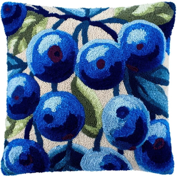 Latch Hook Pillow Kit For Adults & Beginners,17x17 Inch Blue Fruit DIY Pillow Cover Kit, Complete Latch Hook Craft Set With Hook Tool & Yarn For Home Decor & Handmade Gift