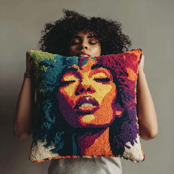Latch Hook Pillow Kit For Adults DIY Craft Beginners, 17x17 Inch Pre-Printed Pillow Cover With Yarn,African Woman Colorful Afro Hair Design,Crochet Hooking Craft Set For Home Decor