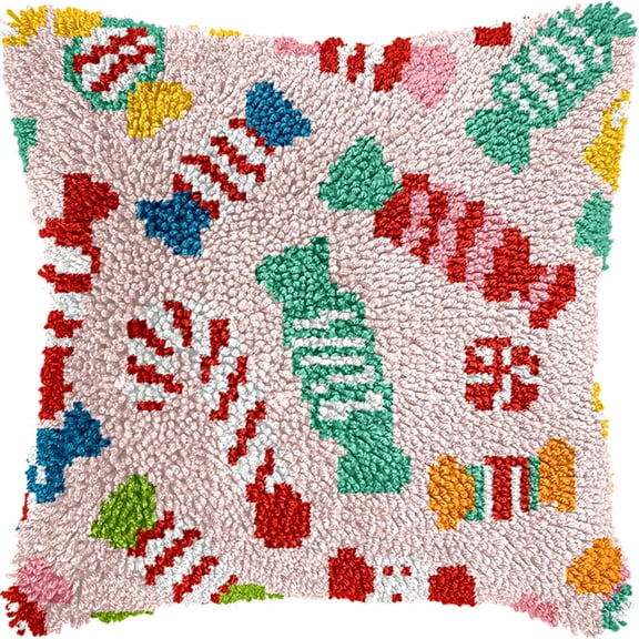 Latch Hook Pillow Kit For Adults & Kids, Candy Pattern Diy Pre-Printed Cross-Stitch Embroidery Canvas Craft, 17X17 Inch Decorative Throw Pillow Cover For Sofa Cushions, Bedroom Decor