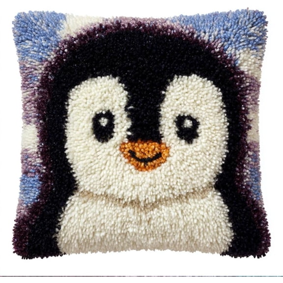 Latch Hook Pillow Kit For Adults & Kids, Cute Penguins Diy Pre-Printed Cross-Stitch Embroidery Canvas Craft, 17X17 Inch Decorative Throw Pillow Cover For Sofa Cushions, Bedroom Decor