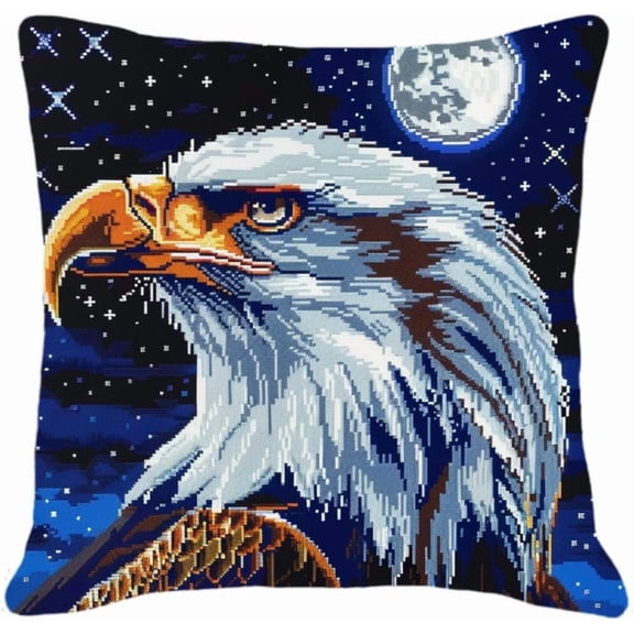 Latch Hook Pillow Kit For Adults & Kids, Eagles At Night Diy Pre-Printed Cross-Stitch Embroidery Canvas Craft, 17X17 Inch Decorative Throw Pillow Cover For Sofa Cushions, Bedroom Decor