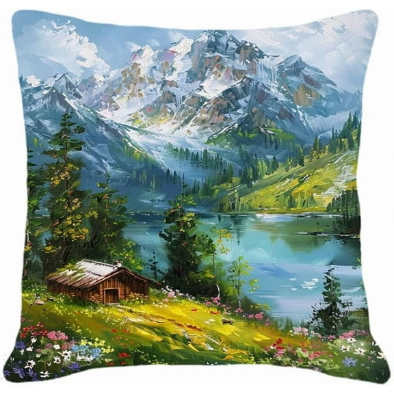 Latch Hook Pillow Kit For Adults & Kids, Snow Mountain Forest Cabin Scenery Diy Pre-Printed Cross-Stitch Embroidery Canvas Craft, 17X17 Inch Decorative Throw Pillow Cover For Sofa Cushions,