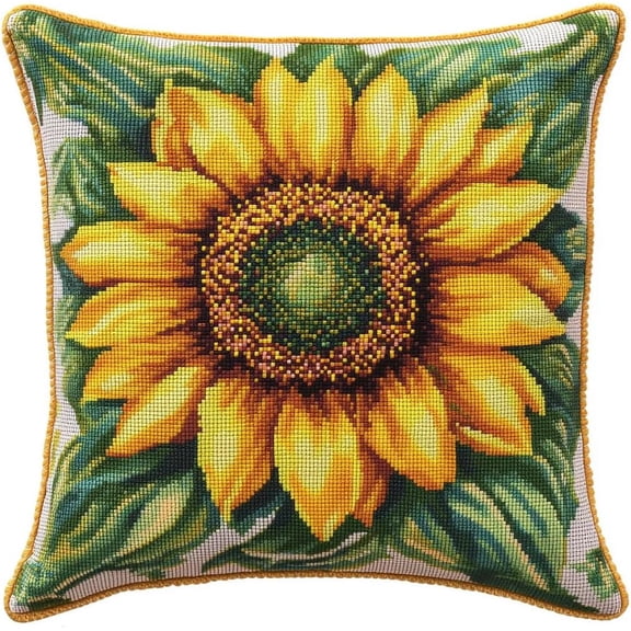Latch Hook Pillow Kit For Adults & Kids, Sunflower Diy Pre-Printed Cross-Stitch Embroidery Canvas Craft, 17X17 Inch Decorative Throw Pillow Cover For Sofa Cushions, Bedroom Decor