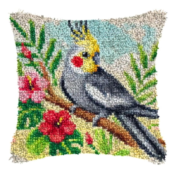 Latch Hook Pillow Kit For Adults, Parrot Diy Pre-Printed Cross-Stitch Embroidery Canvas Craft, 17X17 Inch Decorative Throw Pillow Cover For Sofa Cushions, Bedroom Decor