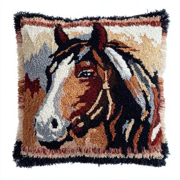 Latch Hook Pillow Kit American Native Indian Horse Portrait with Pre-Printed Pillow Cover DIY Pillowcase Crochet Yarn Hooking Craft Set for Hobby and Home Decor 43x43cm-1