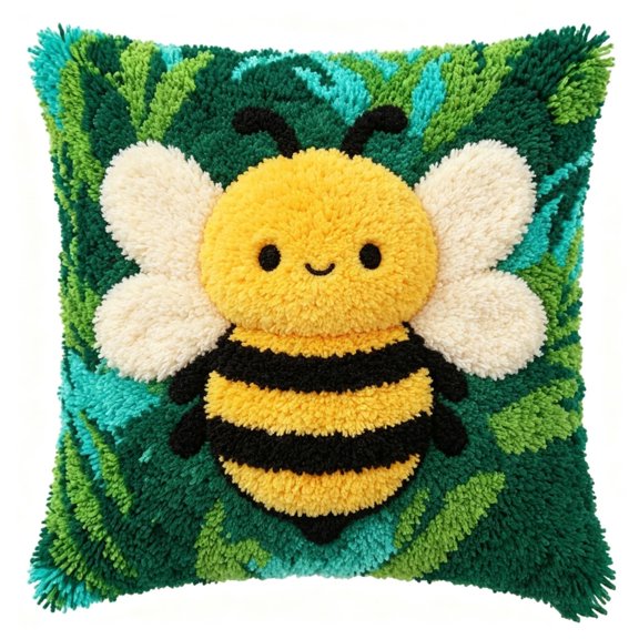 Latch Hook Pillow Kit, Bee DIY Cushion Craft Kit,Rug Hooking Project, Beginner Friendly Needlecraft Set