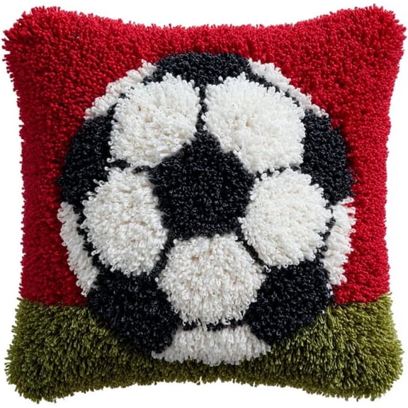 Latch Hook Pillow Kit For Beginners, 17x17 Inch Football Soccer Pattern Throw Pillow Cover DIY Latch Hook Cushion Cover With Crochet Needle, Pre-Printed Canvas For Sofa, Home Decor And Craft Project
