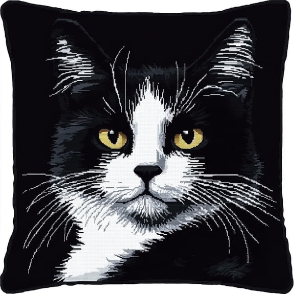 Latch Hook Pillow Kit -Black And White Cat Embroidery Art Craft Kit - All Ages - Unisex - 43X43Cm - Modern Style - Non-Foldable