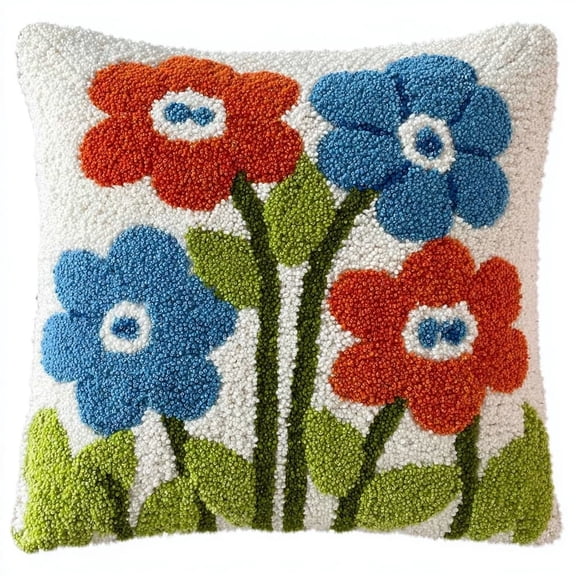 Latch Hook Pillow Kit,Blue flowers DIY Embroidery Cushion Making Kit Preprinted Canvas Yarn Hook for Adult Beginner Home Decor Gift,17x17in