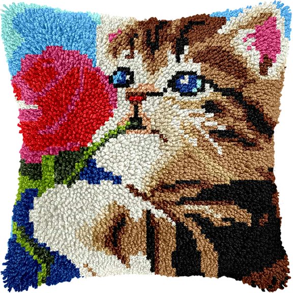 Latch Hook Pillow Kit Cat 17X17 Inch Diy Latch Hook Cushion Kit, Pre-Printed Needlework Pillow Cover Set For Sofa Home Decor & Holiday Gifts