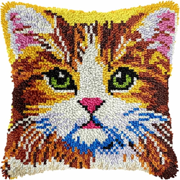 Latch Hook Pillow Kit Cat 17X17 Inch Diy Latch Hook Cushion Kit, Pre-Printed Needlework Pillow Cover Set For Sofa Home Decor & Holiday Gifts