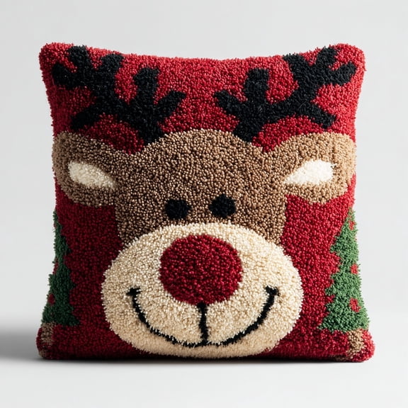 Latch Hook Pillow Kit Christmas Reindeer with Christmas Background with Pattern Pillow Cover DIY Pillowcase Crochet Yarn Hooking Craft Set for Hobby and Home Decor 43x43cm-1