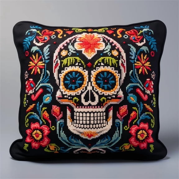 Latch Hook Pillow Kit -Color Skull Embroidery Art Craft Kit - All Ages - Unisex - 43X43Cm - Modern Style - Non-Foldable