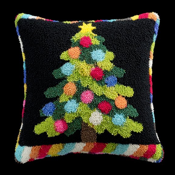 Latch Hook Pillow Kit Colorful Christmas Tree with Black Background with Pattern Pillow Cover DIY Pillowcase Crochet Yarn Hooking Craft Set for Hobby and Home Decor 43x43cm-6