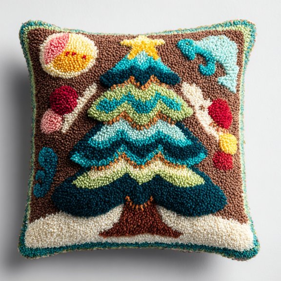 Latch Hook Pillow Kit Colorful Christmas Tree with Brown Background with Pattern Pillow Cover DIY Pillowcase Crochet Yarn Hooking Craft Set for Hobby and Home Decor 43x43cm-5