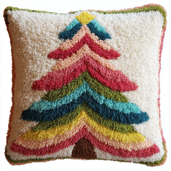 Latch Hook Pillow Kit Colorful Christmas Tree with Pattern Pillow Cover DIY Pillowcase Crochet Yarn Hooking Craft Set for Hobby and Home Decor 43x43cm-1
