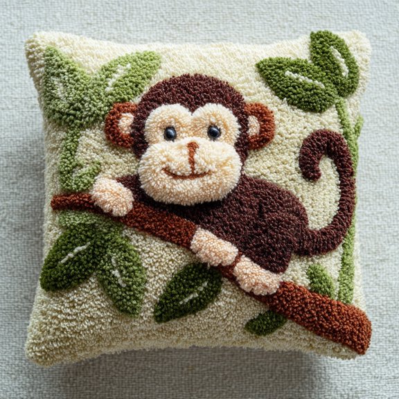 Latch Hook Pillow Kit Cute Monkey on Tree Branch with Pattern Pillow Cover DIY Pillowcase Crochet Yarn Hooking Craft Set for Hobby and Home Decor 43x43cm-7