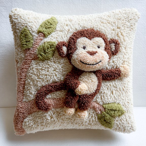 Latch Hook Pillow Kit Cute Monkey on Tree Branch Punch Needle with Pattern Pillow Cover DIY Pillowcase Crochet Yarn Hooking Craft Set for Hobby and Home Decor 43x43cm-2