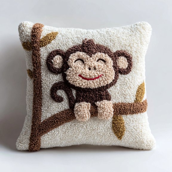 Latch Hook Pillow Kit Cute Monkey on Tree Branch Punch Needle with Pattern Pillow Cover DIY Pillowcase Crochet Yarn Hooking Craft Set for Hobby and Home Decor 43x43cm-1