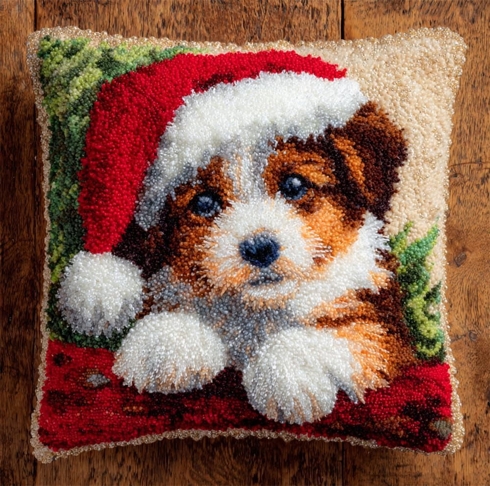 Latch Hook Pillow Kit -Dog Wearing A Christmas Hat Embroidery Art Craft Kit - All Ages - Unisex - 43X43Cm - Modern Style - Non-Foldable