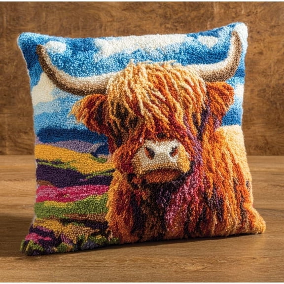 Latch Hook Pillow Kit,Highland Cow Pattern,43x43cm,DIY Needlework Pillow Cover Making Set For Adults,Craft Kit For Sofa,Bedroom & Living Room Home Decor