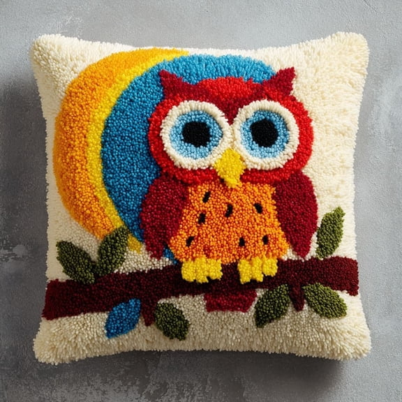 Latch Hook Pillow Kit,Owl on the Moon 17x17 Inch Preprinted Canvas DIY Craft Set,All Supplies Included,Easy Handmade Kit for Home Decor & Gifts