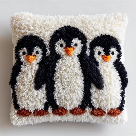 Latch Hook Pillow Kit,Penguin 17x17 Inch Preprinted Canvas DIY Craft Set,All Supplies Included,Easy Handmade Kit for Home Decor & Gifts