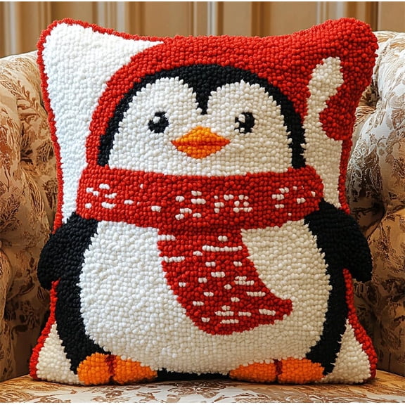 Latch Hook Pillow Kit -Penguin Wearing A Scarf Embroidery Art Craft Kit - All Ages - Unisex - 43X43Cm - Modern Style - Non-Foldable