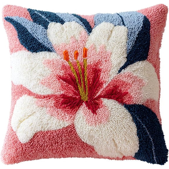 Latch Hook Pillow Kit, Pink Lilies Pattern, 43x43cm DIY Embroidery Pillowcase Making Set For Adults & Beginners, Sofa Decor Craft Supplies