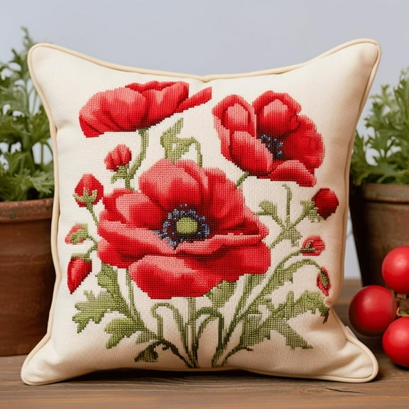 Latch Hook Pillow Kit -Poppy Embroidery Art Craft Kit - All Ages - Unisex - 43X43Cm - Modern Style - Non-Foldable