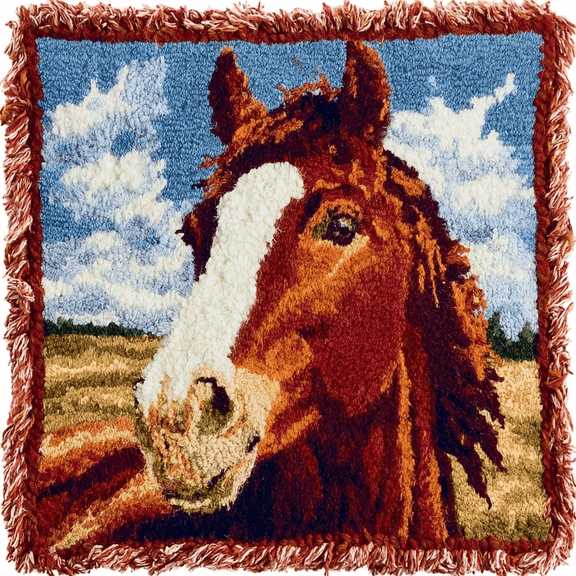 Latch Hook Pillow Kit with Printed Canvas,Animal Horse Pattern DIY Crochet Yarn Needlework Set,Embroidery Cushion Cover for Sofa Home Decor,Complete Hook & Thread