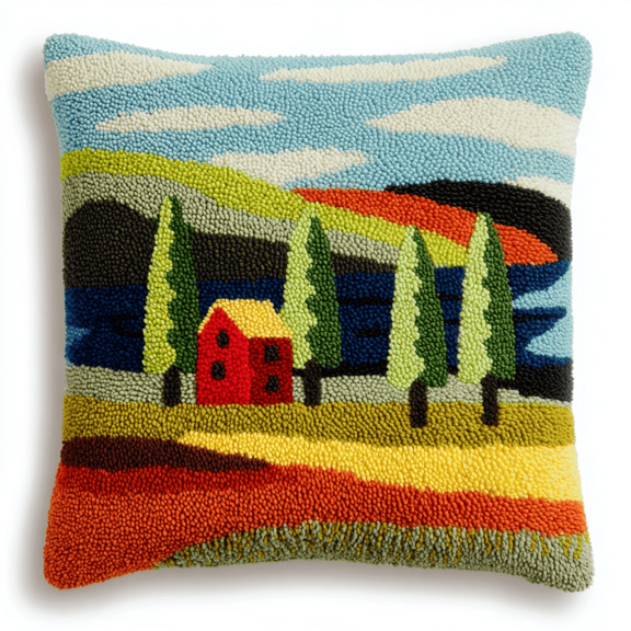 Latch Hook Pillow Kit with Printed Canvas,Beautiful Countryside Pattern DIY Crochet Yarn Needlework Set,Embroidery Cushion Cover for Sofa Home Decor,Complete Hook & Thread