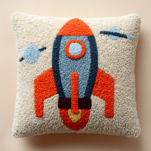 Latch Hook Pillow Kit with Printed Canvas,Cartoon Rocket Pattern DIY Crochet Yarn Needlework Set,Embroidery Cushion Cover for Sofa Home Decor,Complete Hook & Thread