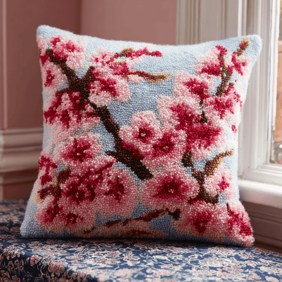 Latch Hook Pillow Kit with Printed Canvas,Cherry Blossoms Pattern DIY Crochet Yarn Needlework Set,Embroidery Cushion Cover for Sofa Home Decor,Complete Hook & Thread