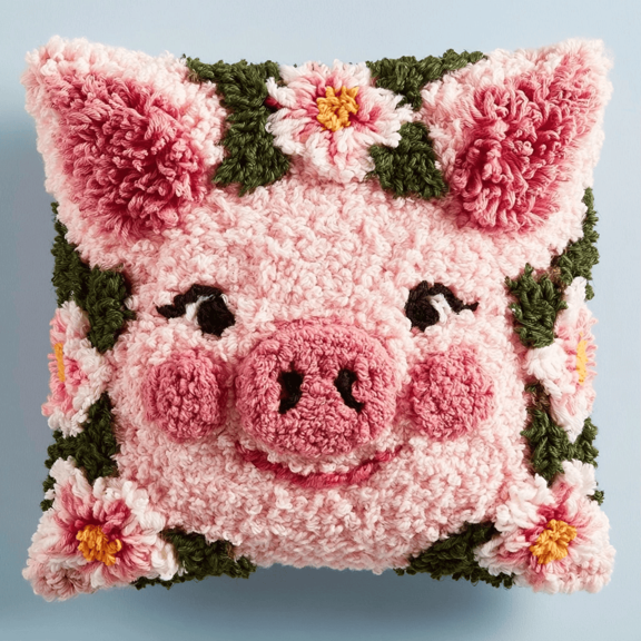 Latch Hook Pillow Kit with Printed Canvas,Cute Pig Pattern DIY Crochet Yarn Needlework Set,Embroidery Cushion Cover for Sofa Home Decor,Complete Hook & Thread