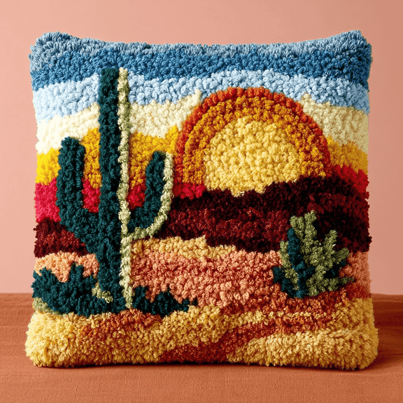 Latch Hook Pillow Kit with Printed Canvas,Desert Cactus Pattern DIY Crochet Yarn Needlework Set,Embroidery Cushion Cover for Sofa Home Decor,Complete Hook & Thread