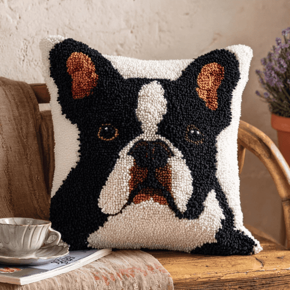 Latch Hook Pillow Kit with Printed Canvas,French Bulldog Pattern DIY Crochet Yarn Needlework Set,Embroidery Cushion Cover for Sofa Home Decor,Complete Hook & Thread