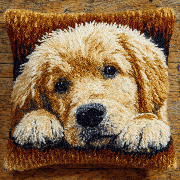 Latch Hook Pillow Kit with Printed Canvas,Golden Retriever Pattern DIY Crochet Yarn Needlework Set,Embroidery Cushion Cover for Sofa Home Decor,Complete Hook & Thread