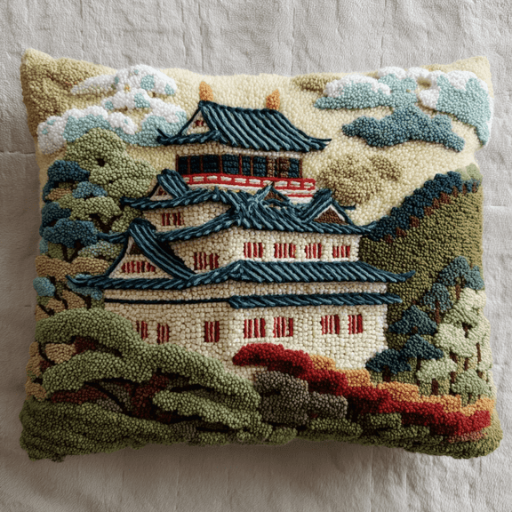 Latch Hook Pillow Kit with Printed Canvas,Himeji Castle Landscape Pattern DIY Crochet Yarn Needlework Set,Embroidery Cushion Cover for Sofa Home Decor,Complete Hook & Thread