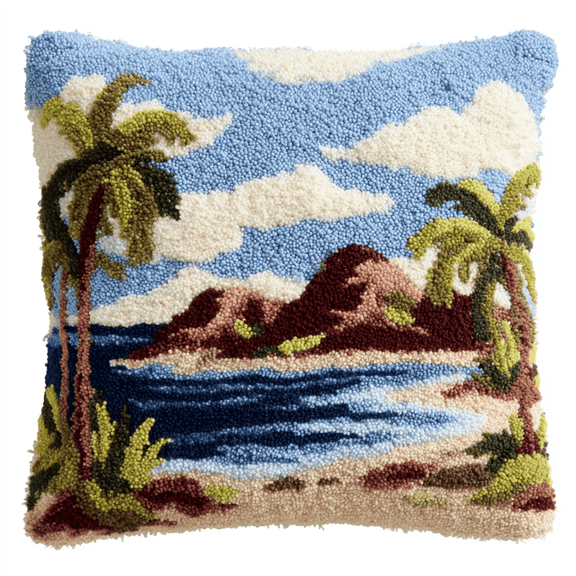 Latch Hook Pillow Kit with Printed Canvas,Islands Landscape Pattern DIY Crochet Yarn Needlework Set,Embroidery Cushion Cover for Sofa Home Decor,Complete Hook & Thread
