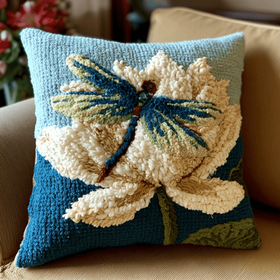 Latch Hook Pillow Kit with Printed Canvas,Lotus Dragonfly Pattern DIY Crochet Yarn Needlework Set,Embroidery Cushion Cover for Sofa Home Decor,Complete Hook & Thread