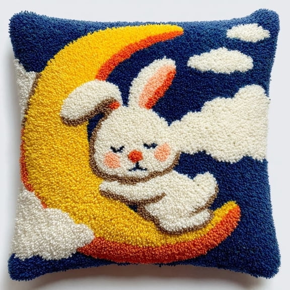 Latch Hook Pillow Kit,Rabbit on the Moon DIY craft kit preprinted canvas,pre-cut yarn,beginner craft,home decor handmade gift,43x43cm