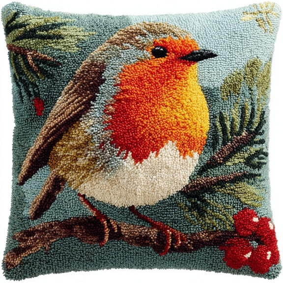 Latch Hook Pillow Kit,Robin On A Branch DIY craft kit preprinted canvas,pre-cut yarn,beginner craft,home decor handmade gift,43x43cm