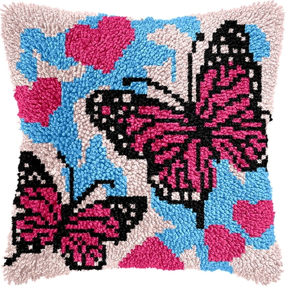 Latch Hook Pillow Kit Set Pink Butterfly 17 X 17 Inch Cushion Cover Latch Hook Kits Throw Pillowcase Craft Needlework Printed Pattern Canvas Cushion Carpet Hand Craft