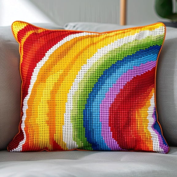 Latch Hook Pillow Kit Set Rainbow Pattern 17 X 17 Inch Cushion Cover Latch Hook Kits Throw Pillowcase Craft Needlework Printed Pattern Canvas Cushion Carpet Hand Craft