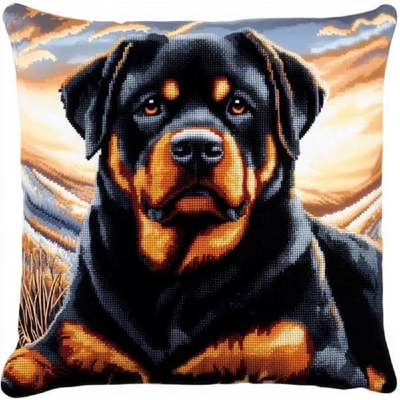 Latch Hook Pillow Kit with Printed Canvas, Rottweiler Design, 17x17 Inch DIY Pillow Cover for Beginners